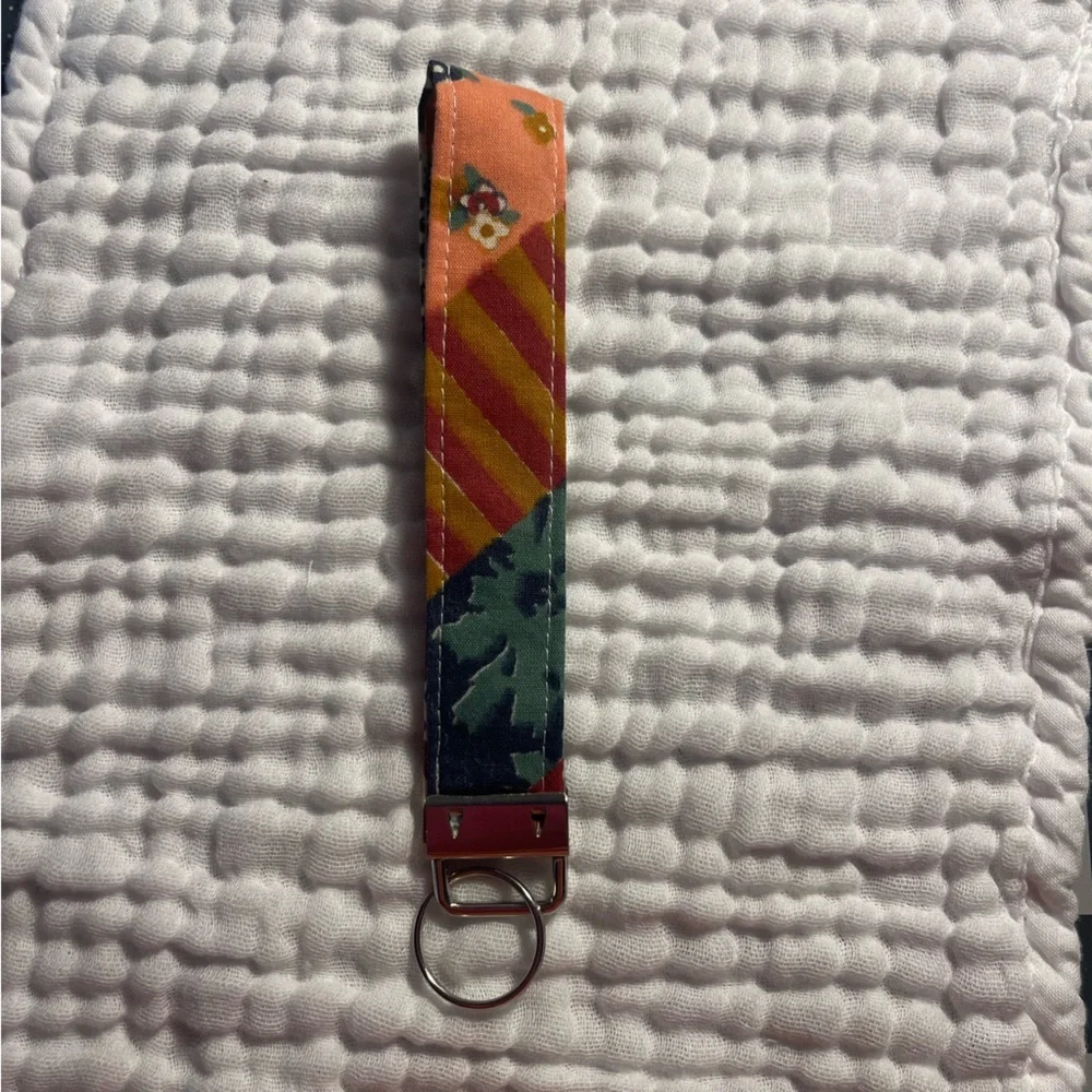Handmade Hand Sewn Orange Floral Key Fob Keychain Wristlet 100% Cotton